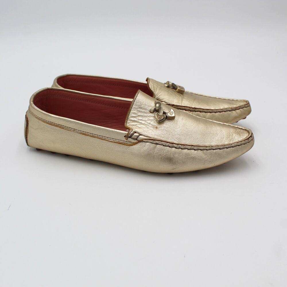 Escada Gold Leather Driving Loafers Womens 37.5 Slip On Hearts Moccasin Designer